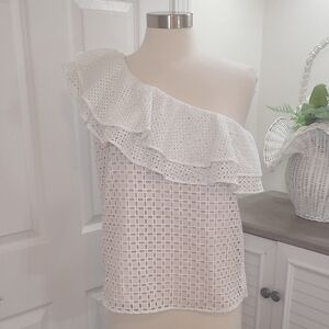 J. Crew White Eyelet Ruffle One-Shoulder Blouse Size 12